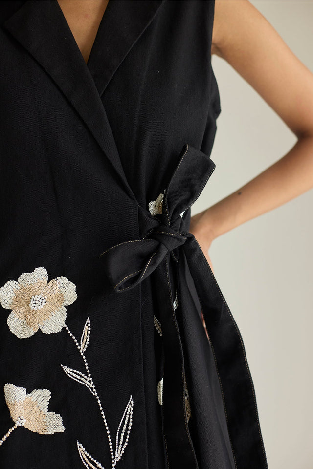 Black Floral Wrap Denim Dress - Dress - Mizyana