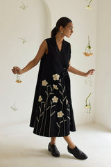Black Floral Wrap Denim Dress - Dress - Mizyana