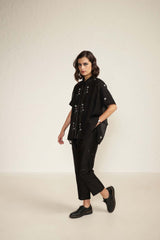 Black Mul Chanderi Shirt with Embroidery And Embroided Silk Chanderi Pants - Two-Piece Set - Mizyana