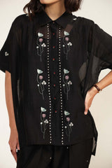 Black Mul Chanderi Shirt with Embroidery And Embroided Silk Chanderi Pants - Two-Piece Set - Mizyana