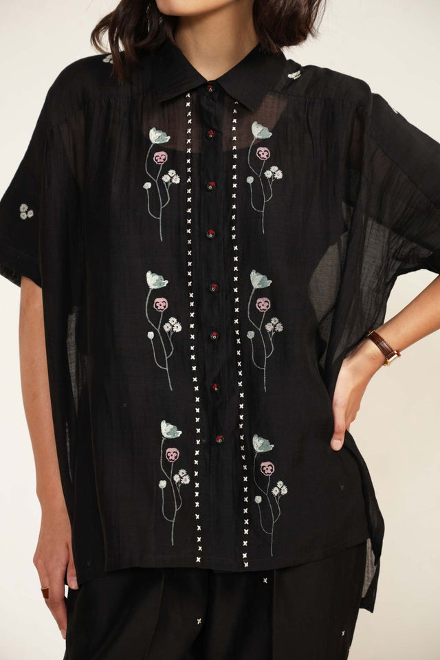 Black Mul Chanderi Shirt with Embroidery And Embroided Silk Chanderi Pants - Two-Piece Set - Mizyana