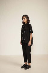 Black Mul Chanderi Shirt with Embroidery And Embroided Silk Chanderi Pants - Two-Piece Set - Mizyana