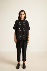 Black Mul Chanderi Shirt with Embroidery And Embroided Silk Chanderi Pants - Two-Piece Set - Mizyana