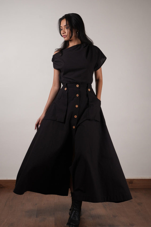 Black One-Shoulder Set (2 PCS) - Two-Piece Set - Mizyana