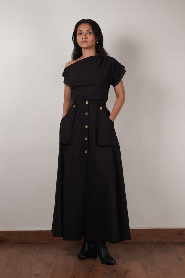 Black One-Shoulder Set (2 PCS) - Two-Piece Set - Mizyana