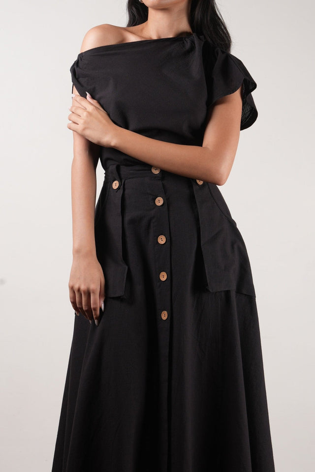 Black One-Shoulder Set (2 PCS) - Two-Piece Set - Mizyana