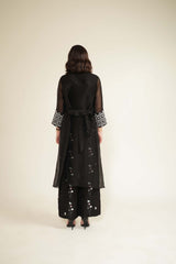 Black Organza Jacket with Embroided Sleeves and Printed Flared Pants in Linen - Two-Piece Set - Mizyana