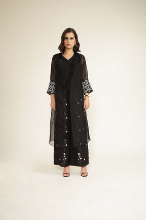 Black Organza Jacket with Embroided Sleeves and Printed Flared Pants in Linen - Two-Piece Set - Mizyana