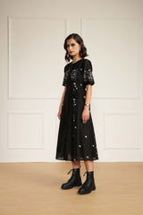 Black Printed A-Line Dress in Silk Chanderi With Hand Embroidery Details - Dress - Mizyana