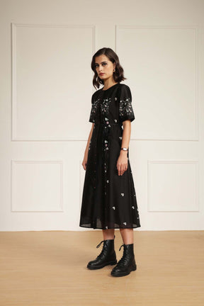 Black Printed A-Line Dress in Silk Chanderi With Hand Embroidery Details - Dress - Mizyana