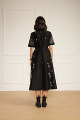 Black Printed A-Line Dress in Silk Chanderi With Hand Embroidery Details - Dress - Mizyana