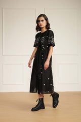 Black Printed A-Line Dress in Silk Chanderi With Hand Embroidery Details - Dress - Mizyana