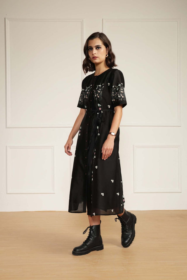 Black Printed A-Line Dress in Silk Chanderi With Hand Embroidery Details - Dress - Mizyana