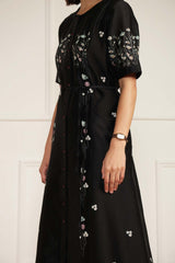 Black Printed A-Line Dress in Silk Chanderi With Hand Embroidery Details - Dress - Mizyana