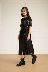 Black Printed A-Line Dress in Silk Chanderi With Hand Embroidery Details - Dress - Mizyana