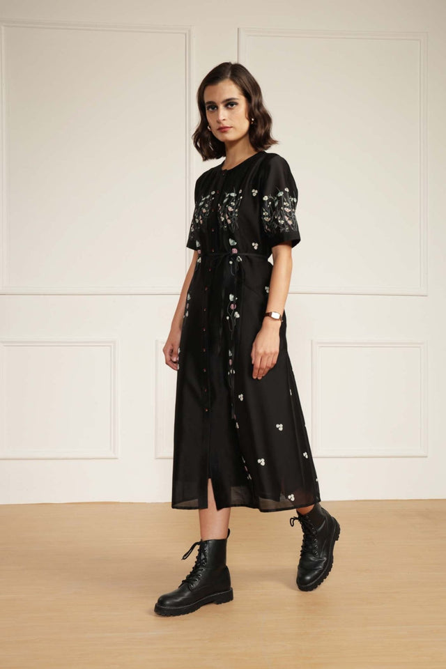Black Printed A-Line Dress in Silk Chanderi With Hand Embroidery Details - Dress - Mizyana