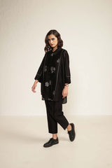 Black Silk Chanderi Shirt with Embroidery and Silk Chanderi Straight Pants - Two-Piece Set - Mizyana