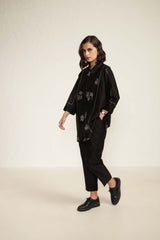 Black Silk Chanderi Shirt with Embroidery and Silk Chanderi Straight Pants - Two-Piece Set - Mizyana