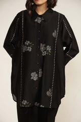Black Silk Chanderi Shirt with Embroidery and Silk Chanderi Straight Pants - Two-Piece Set - Mizyana