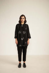Black Silk Chanderi Shirt with Embroidery and Silk Chanderi Straight Pants - Two-Piece Set - Mizyana