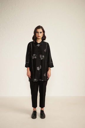 Black Silk Chanderi Shirt with Embroidery and Silk Chanderi Straight Pants - Two-Piece Set - Mizyana