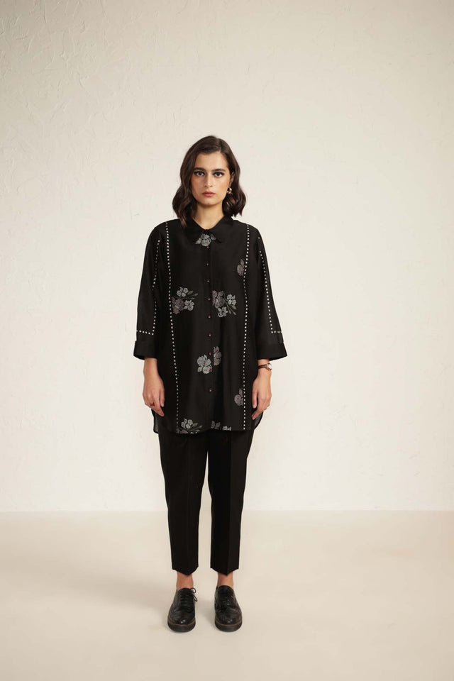 Black Silk Chanderi Shirt with Embroidery and Silk Chanderi Straight Pants - Two-Piece Set - Mizyana