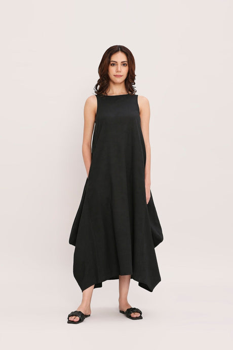 Black Vari Cotton Dress from MATI, black sleeveless cotton maxi dress with draped cowl hem, front view