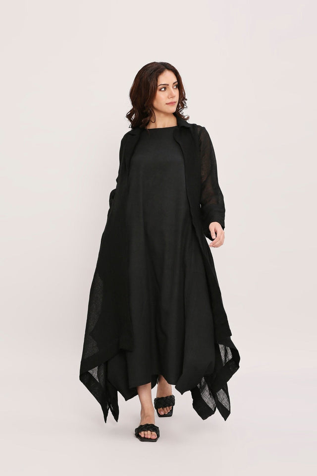 Black Vari & Linen Trench Koza Jacket Co-Ord Set (2 PCS) - Co-ord Set - Mizyana