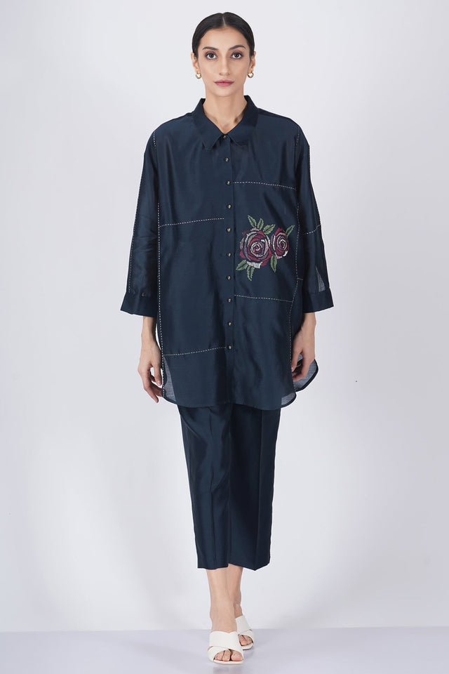 Block printed rose shirt with straight pant - Two-Piece Set - Mizyana