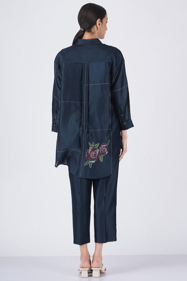 Block printed rose shirt with straight pant - Two-Piece Set - Mizyana