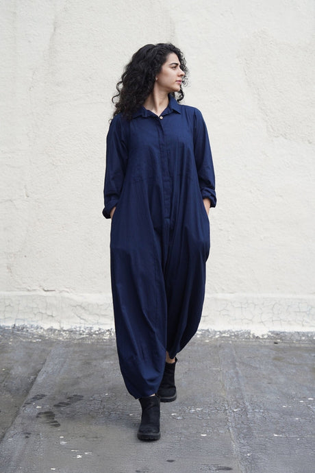 Blue Collar Sleeve Suga Jumpsuit from MATI, navy collared jumpsuit with button front and balloon legs, front view