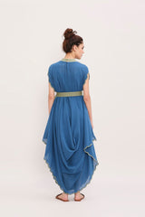 Blue Ribbed Scallop Cowl Dress - Dress - Mizyana