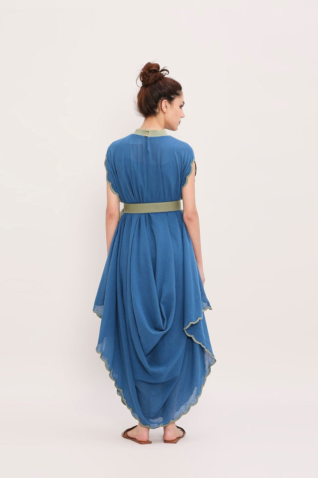 Blue Ribbed Scallop Cowl Dress - Dress - Mizyana