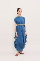 Blue Ribbed Scallop Cowl Dress - Dress - Mizyana