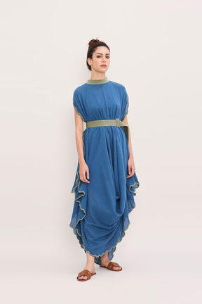 Blue Ribbed Scallop Cowl Dress - Dress - Mizyana