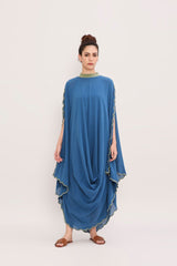 Blue Ribbed Scallop Cowl Dress - Dress - Mizyana
