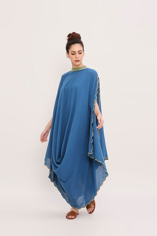 Blue Ribbed Scallop Cowl Dress - Dress - Mizyana