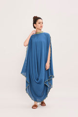 Blue Ribbed Scallop Cowl Dress - Dress - Mizyana