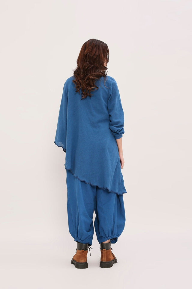 Blue Ribbed Scallop Tunic Set (2 PCS) - Two-Piece Set - Mizyana