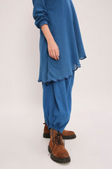 Blue Ribbed Scallop Tunic Set (2 PCS) - Two-Piece Set - Mizyana