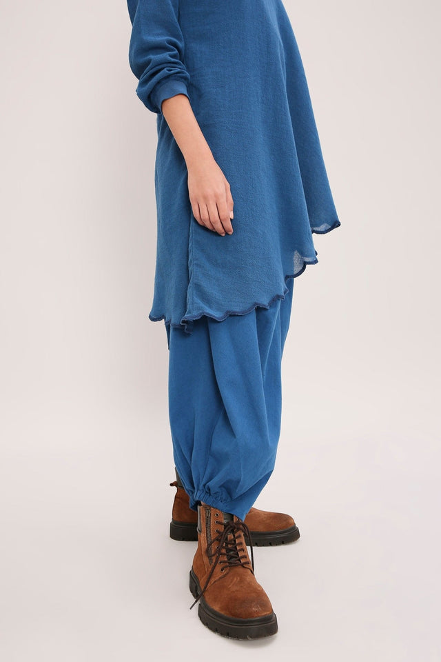 Blue Ribbed Scallop Tunic Set (2 PCS) - Two-Piece Set - Mizyana