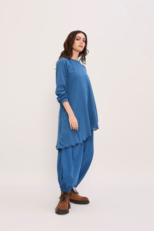 Blue Ribbed Scallop Tunic Set (2 PCS) - Two-Piece Set - Mizyana