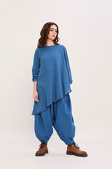 Blue Ribbed Scallop Tunic Set (2 PCS) - Two-Piece Set - Mizyana