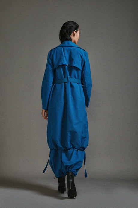 Back view of the blue safari cargo trench set showing the belted trench