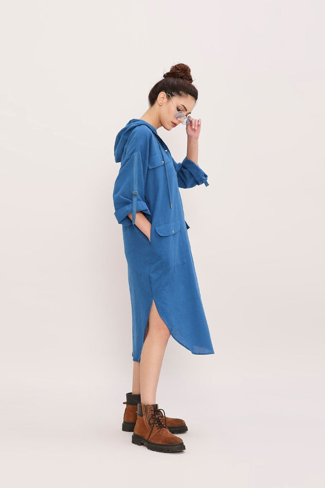 Blue Safari Pocket Hooded Dress - Dress - Mizyana