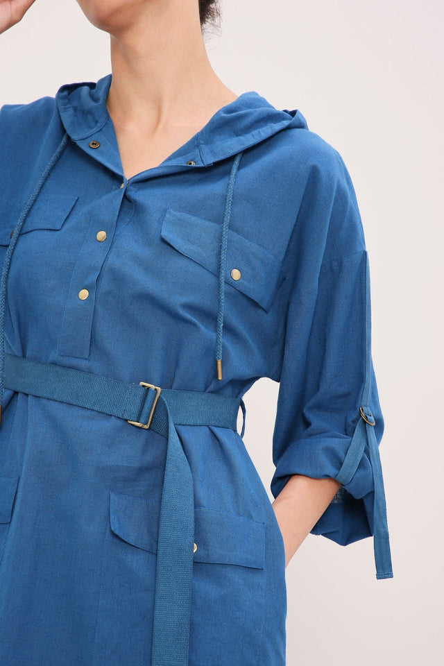 Blue Safari Pocket Hooded Dress - Dress - Mizyana