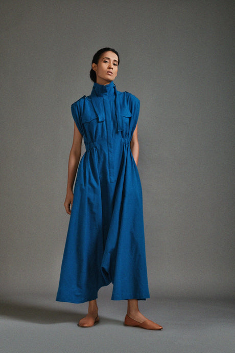 Blue Safari Sphara Jumpsuit, straight front view showing the zip front and funnel neck