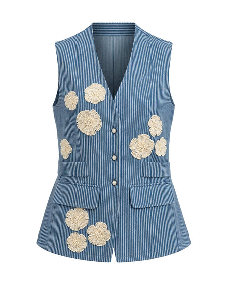 Blue Striped Denim Vest with Floral Appliques - Vest - Mizyana