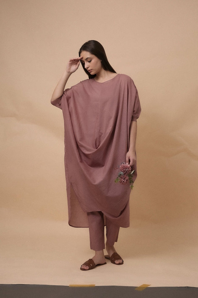 Blush Rib Mul Cowl Tunic Co-Ord Set (2 PCS) - Co-ord Set - Mizyana