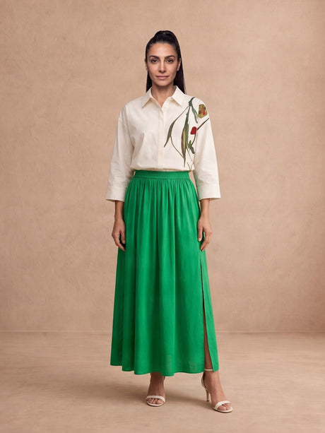 Botanica Applique Ivory Shirt and Green Slit Maxi Skirt Two-Piece Set - Two-Piece Set - Mizyana